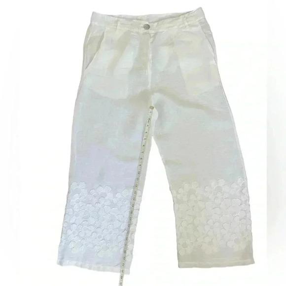 LaFabbricadeilino 100% Linen white floral derail pants size M Italy made Boho - Picture 7 of 12